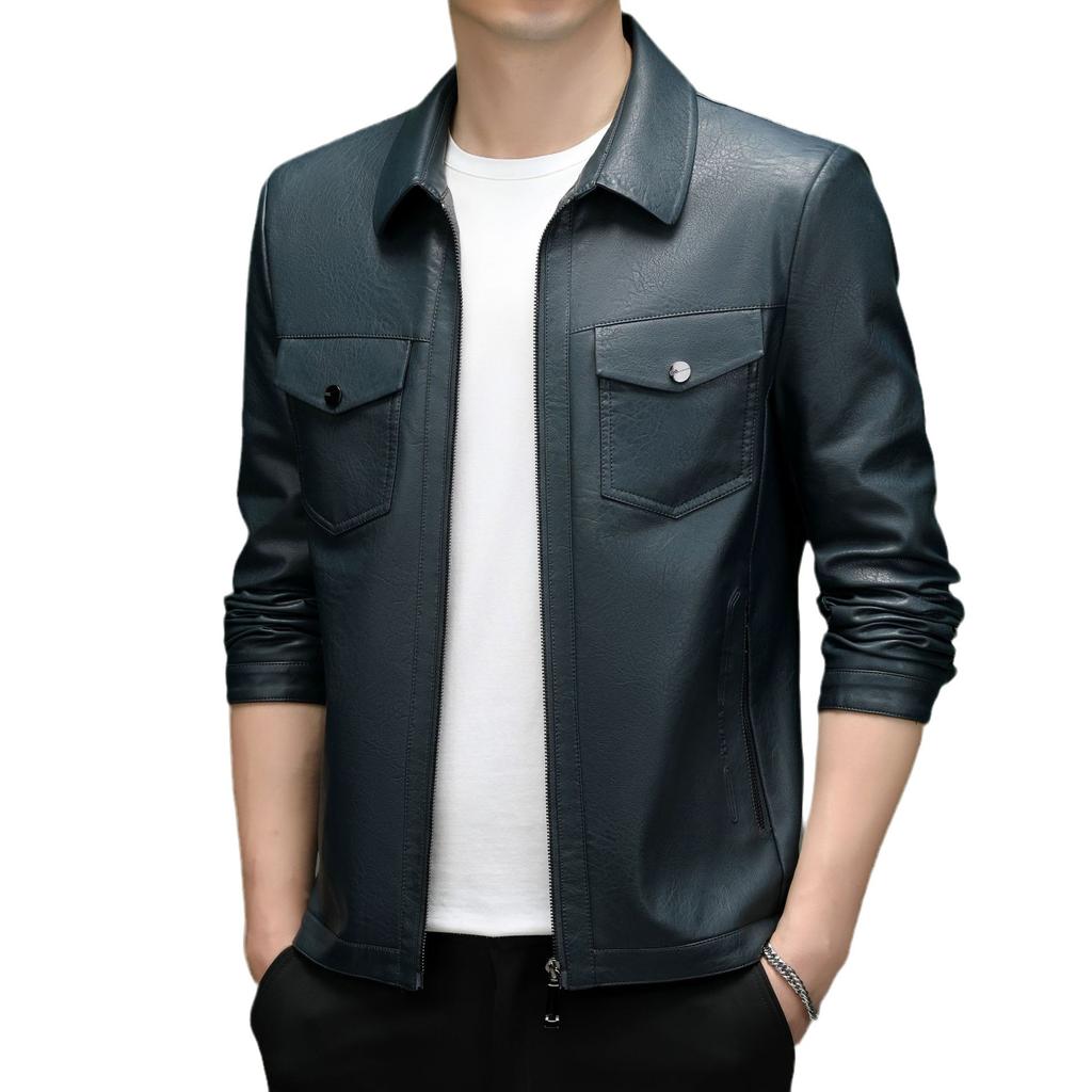 Otoño e invierno Nueva ropa de cuero genuino Chaqueta de cuero de corte entallado con solapa corta para hombre de mediana edad Chaqueta de cuero de corte entallado para hombre Abrigo de cuero genuino