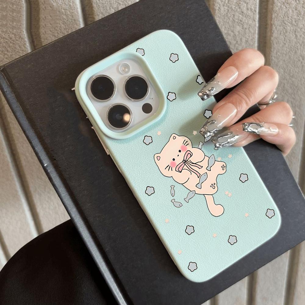 Cute Cartoon Cat Phone Case For iPhone 16 Pro Case iPhone 11 12 13 14 15 Pro Max 16 Plus Soft Litchi Pattern Leather Cover Funda