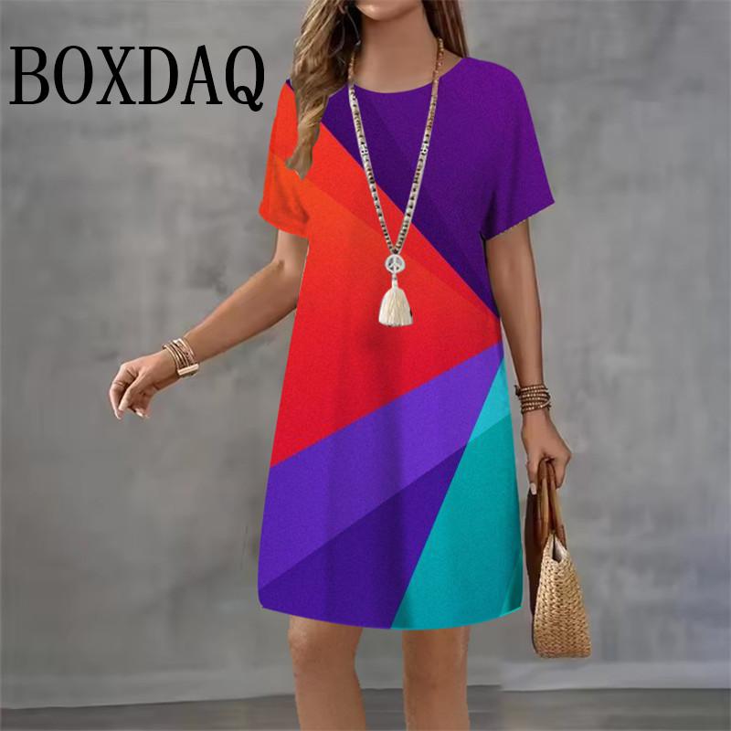 

Summer Casual Geometric Stripes Women s Dress Fashion Print Short Sleeve Mini Dress Loose Y2k Ladies A-Line Dresses Vestidos XL