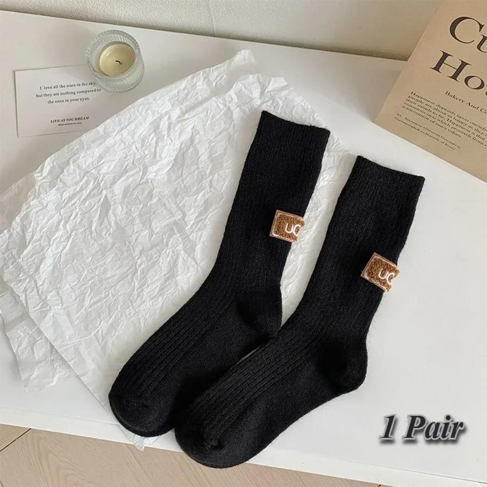 1Pair Winter Solid  Velvet Thickened Pile Socks Multicolored Embroidered Logo Warm Mid-Calf Length Socks Casual Cotton Socks
