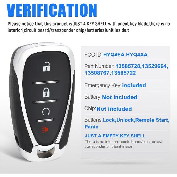 Keyles Entry Car Key Fob Case Shell Cover Replacement with Uncut Emergency Key 4-Buttons for Chevrolet Cruze Traverse Volt Bolt Equinox Sonic Trax