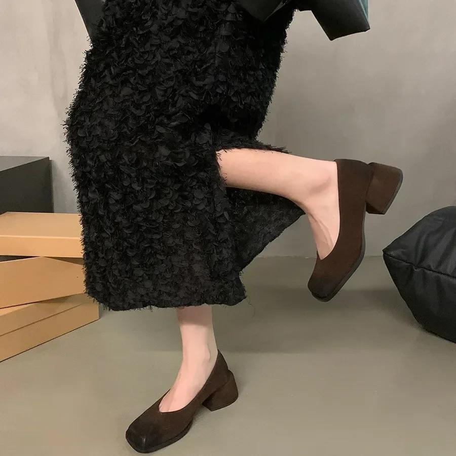 Fashion Retro Style Thick Heel Women Square Toe Shoes 2024 Fashion Shallow PU Leather Single Shoes Ladies Comfort Office Pumps