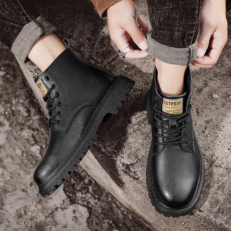 Black Genuine Leather Men's Boots Four Season Fashion New Casual High Top Boots Casual Anti Slip Thick Sole Height Increasing