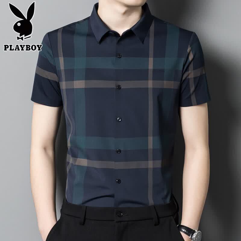 

PLAYBOY Men s Ice Silk Plaid Short Sleeve Lapel Shirt XL