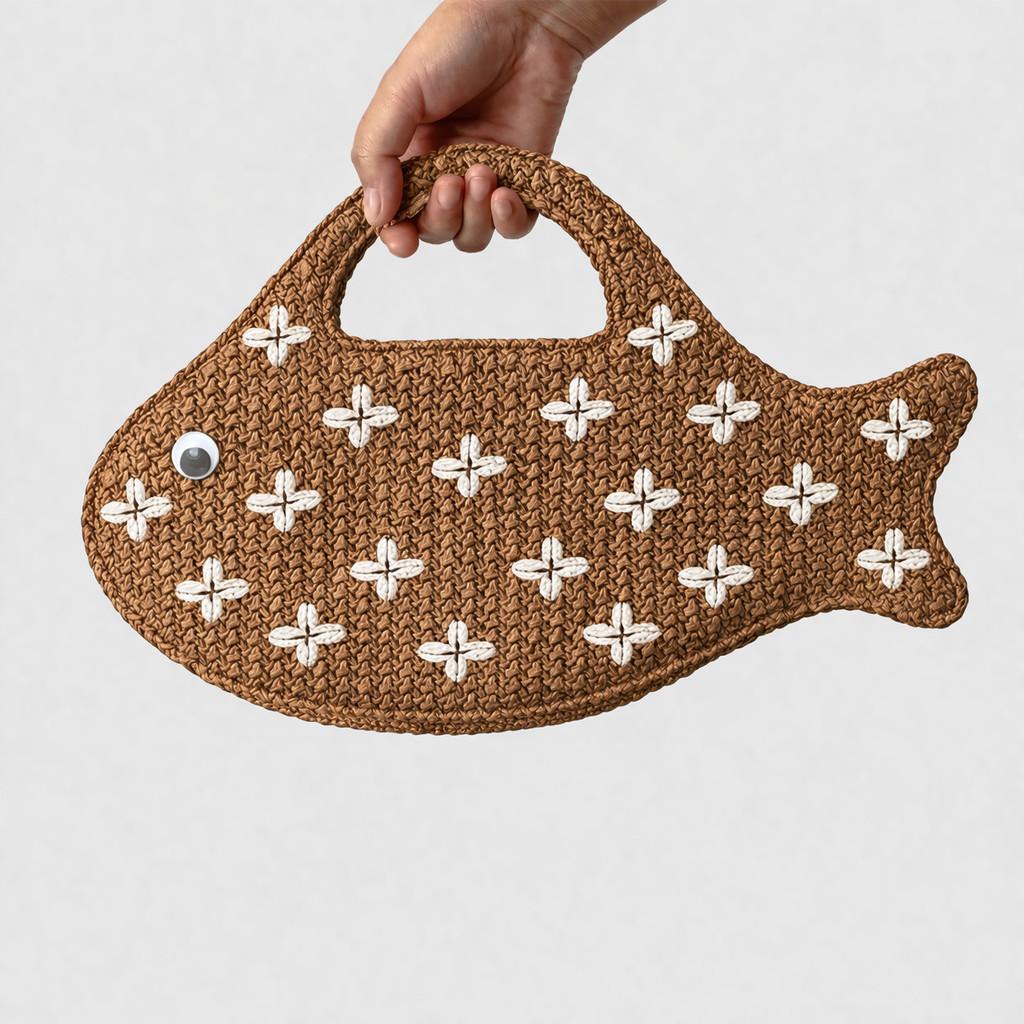 Sommer Gewebte PP Schale Bestickte Fischform Handtasche Für Strand Und Freizeit