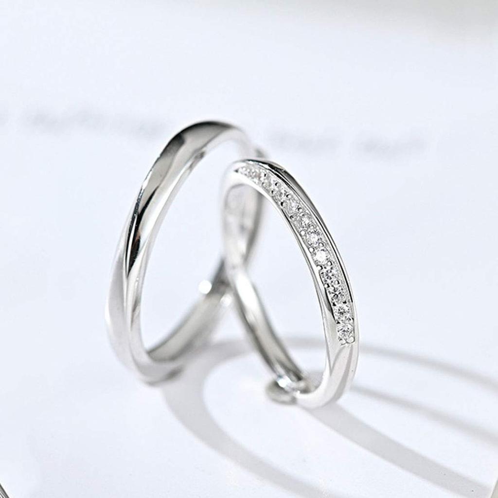 Rockyu Pairing Set of 2 Popular Free Size Ring 925 Silver Set Sold Zirconia Diamond Ring Engagement Ring Sterling Silver Ring Size Adjustable Fashion