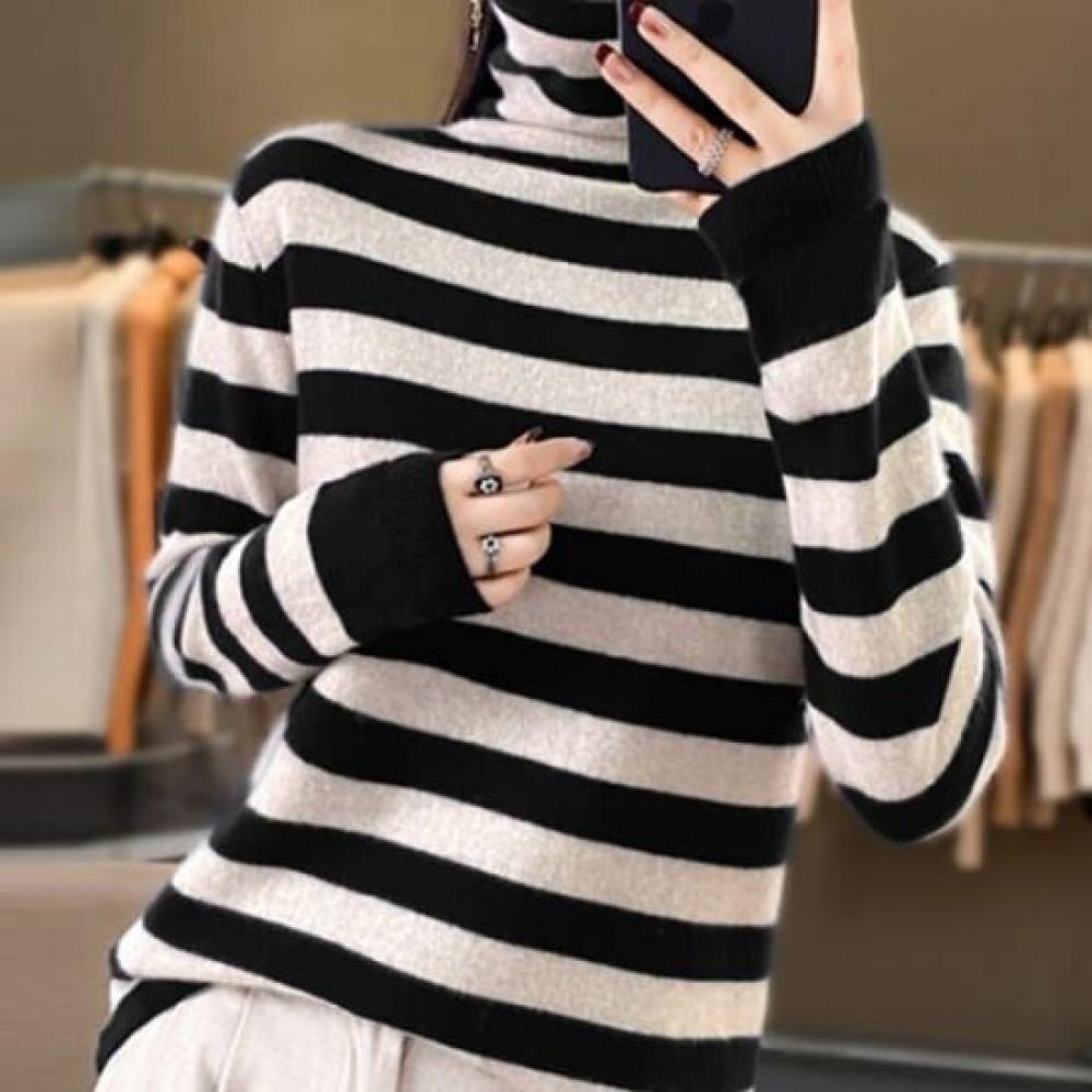Navava Nk2306 Casual STriped TurTleneck Long Sleeve KniT T shirT