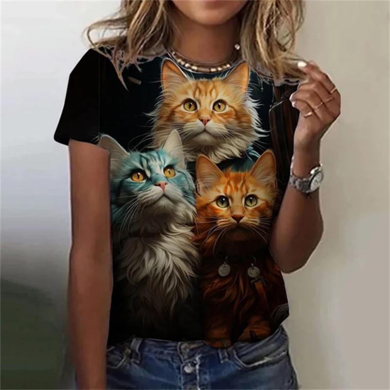 Maglietta da donna alla moda, con stampa 3D, motivo a gatto kawaii, a maniche corte, girocollo, estiva, casual, da strada, semplice