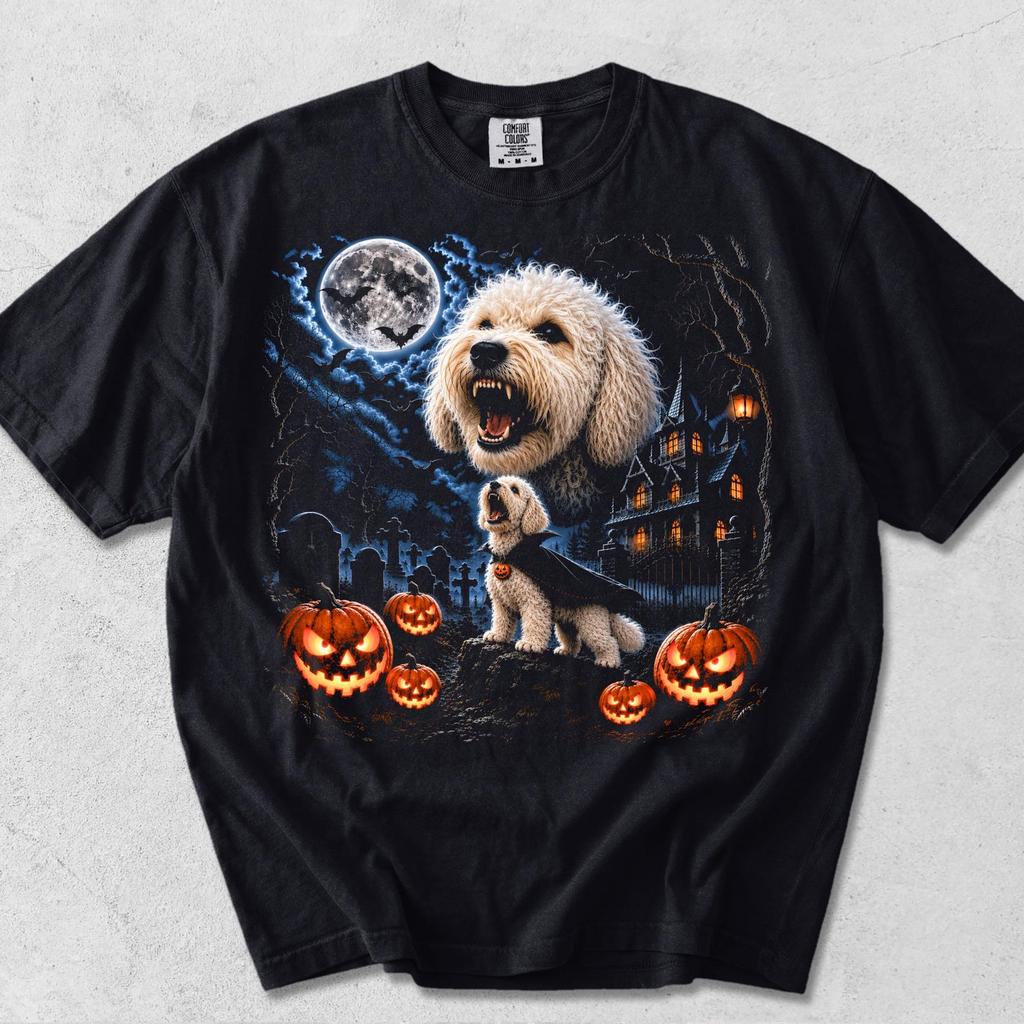 Funny Goldendoodle Howling Moon Halloween T-Shirt,Creepy Pumpkin Graphic Tee,Halloween Dog Tee,Cute Fall Dog Halloween Shirt,Pet Lover Gift