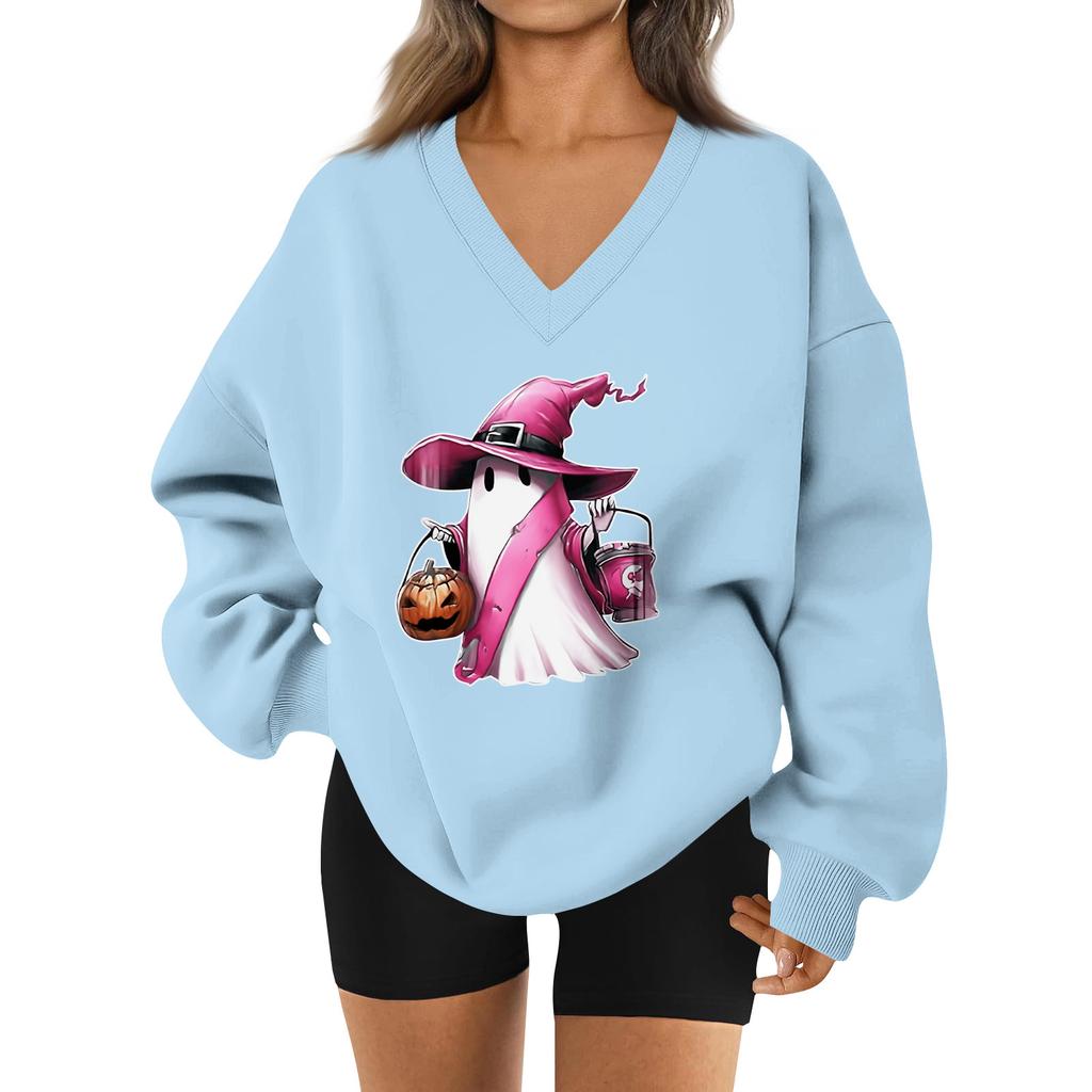 Women's V-neck Dropped Shoulder Halloween Print Sports Sweatshirt Top