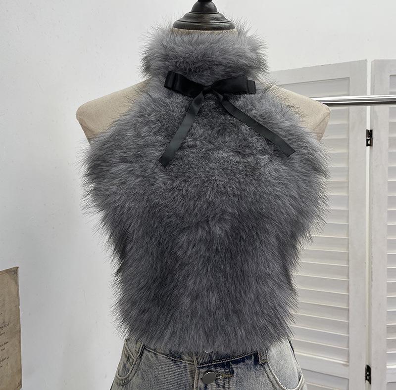 

Bow Fur Patchwork Halter Vest: Women s Autumn/Winter Sleeveless Top One Size серый/чёрный