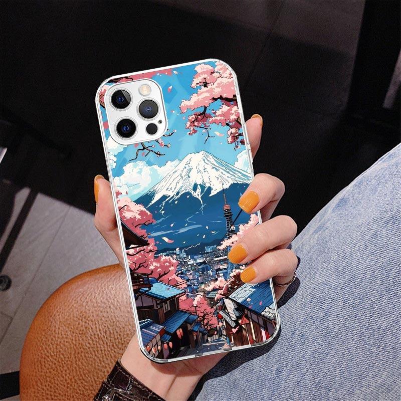 Japanese Cherry Mount Fuji Phone Case For iPhone 13 12 Mini 11 Pro Max XS XR X SE 7 8 Plus 5S 5 6S 6 Gift Print Cover Fundas