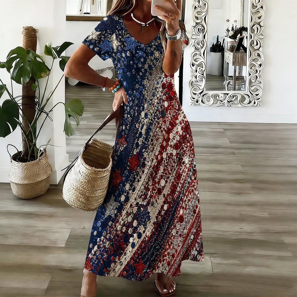 Women Plus Size V Neck Short Sleeve Tropical Leaf Printed Straight Long Dress