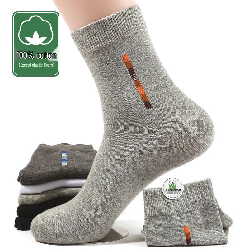 5-Pair Men's Black Mid-Calf Socks: Pure Cotton, Sweat-Absorbent, Odor-Resistant, Comfortable for Business & Casual Wear, Ideal for Autumn & Winter.