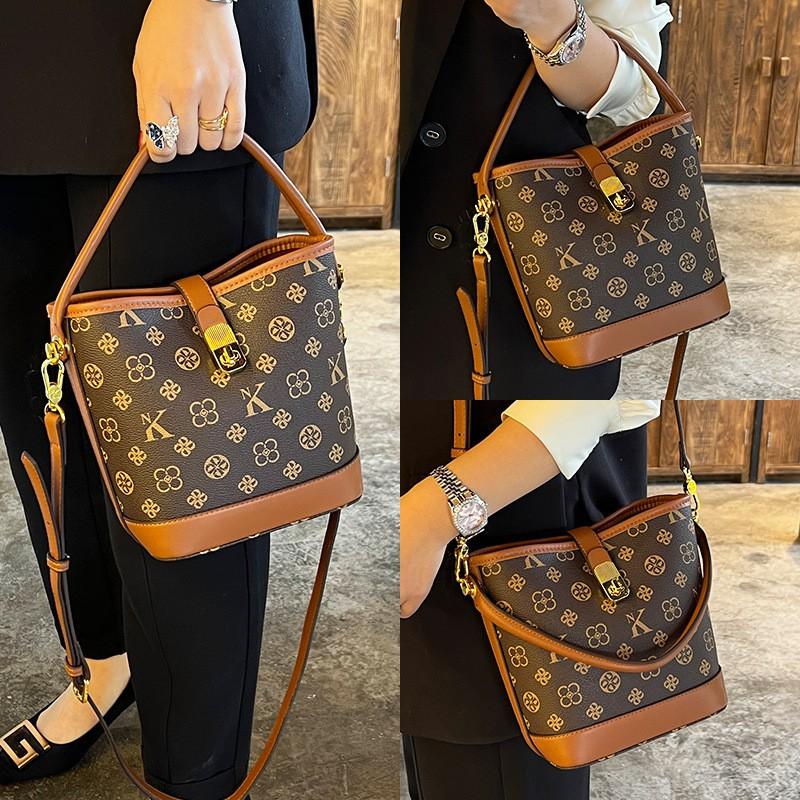 Womens Large Capacity Bucket Bag PU Leather Shoulder Crossbody Handbag Coffee Color Casual Style