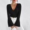 Elegant Women's V-Neck Bell Sleeve Ribbed Knit T-Shirt
