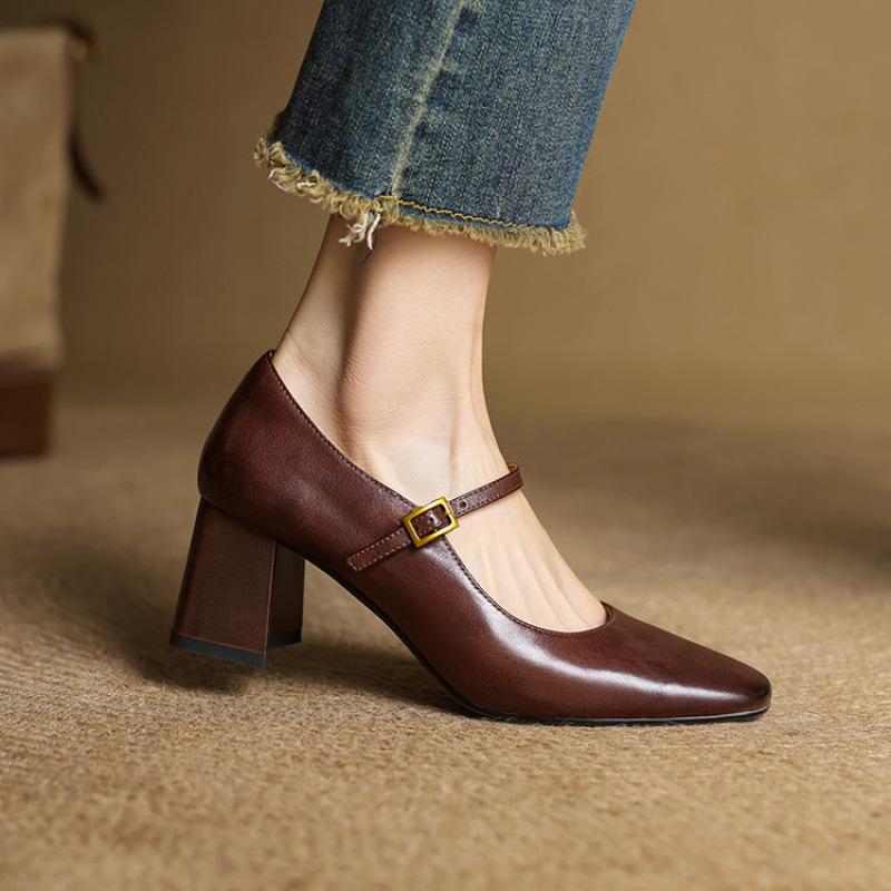 New Women's Small Leather Shoes Buckle High Heel Beef Tendon Sole Casual Solid Color Comfortable Women's Single Shoes Thick Heel Leather Large Siz