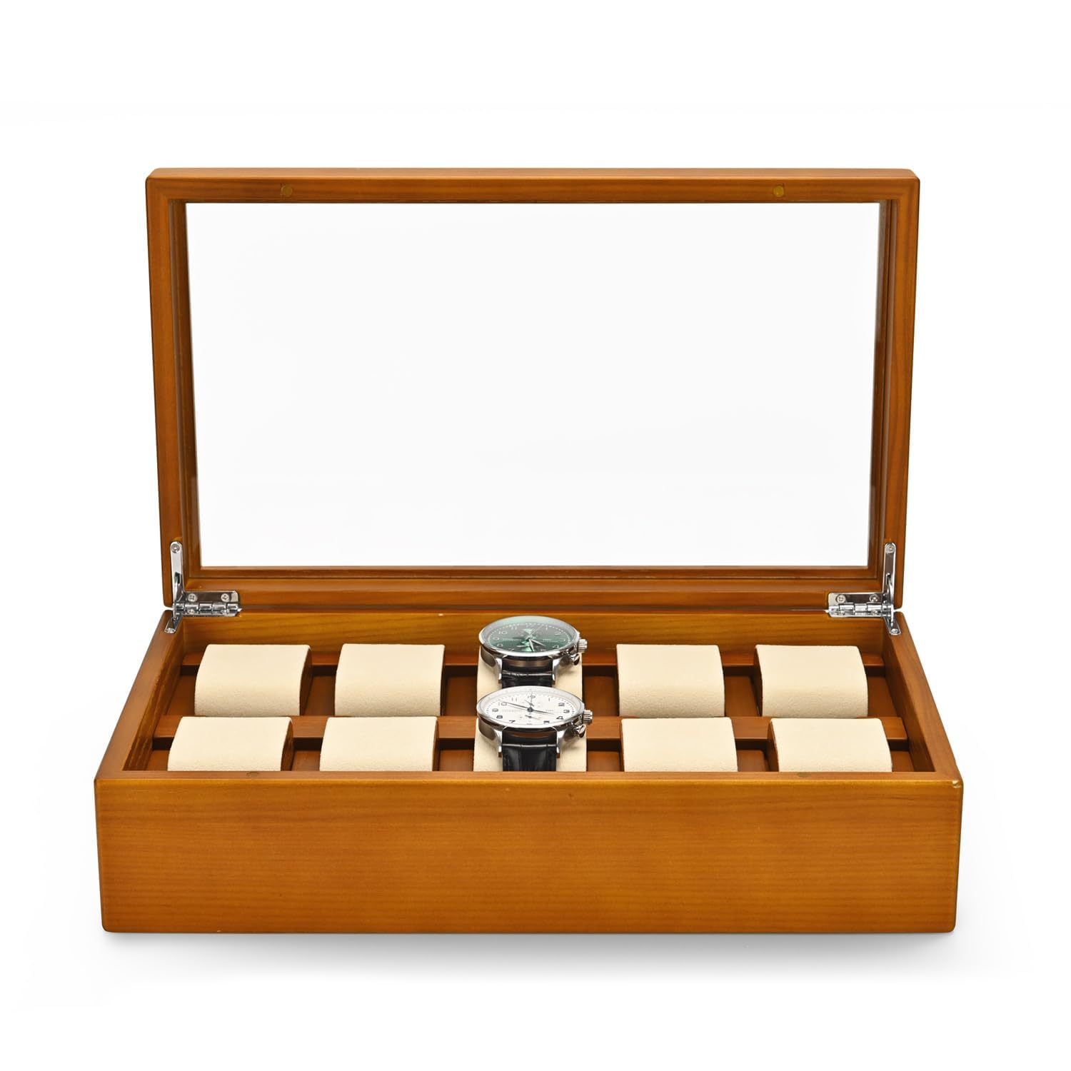 

Деревянный футляр для часов из массива дерева Woodten с премиальным органайзером для часов с витриной из стекла и съемной подушечкой для мужчин, крышка на 10 слотов, (кремовый белый) бежевый