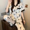 Girl Cute Cat Ice Silk Pajamas Women'S Summer Short Sleeves Trousers Premium Loungewear