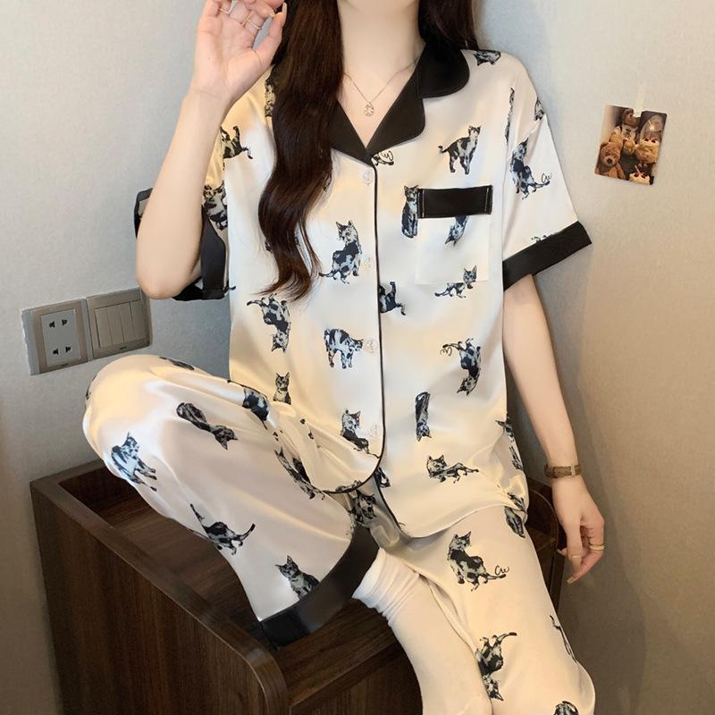 Girl Cute Cat Ice Silk Pajamas Women'S Summer Short Sleeves Trousers Premium Loungewear