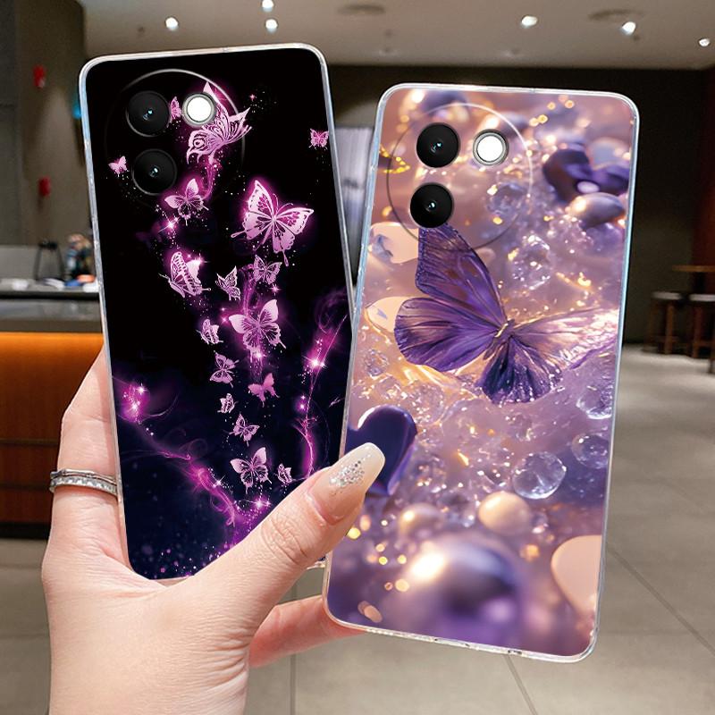 Case For Vivo V30e Fundas V2339 Capa Flower Butterfly Protective Thin Casing Coque Transparent Soft Silicone TPU Phone Cover