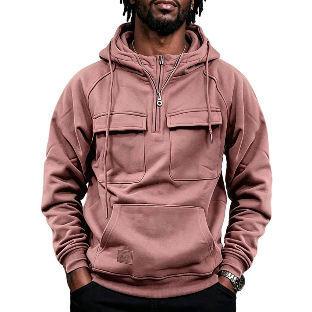 Men's Lined Hooded Pullover Sweatshirt with Multiple Pockets