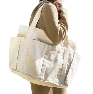 ZIP CORPORATION Canvas Tote Bag, Large Capacity, Solid Cotton Canvas, Convenient Storage, Multiple Pockets, Top Zipper Closure, Ivory, Approx. W54 X