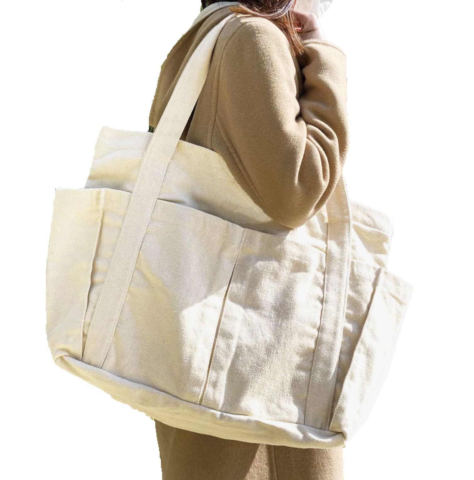 

ZIP CORPORATION Canvas Tote Bag, Large Capacity, Solid Cotton Canvas, Convenient Storage, Multiple Pockets, Top Zipper Closure, Ivory, Approx. W54 x