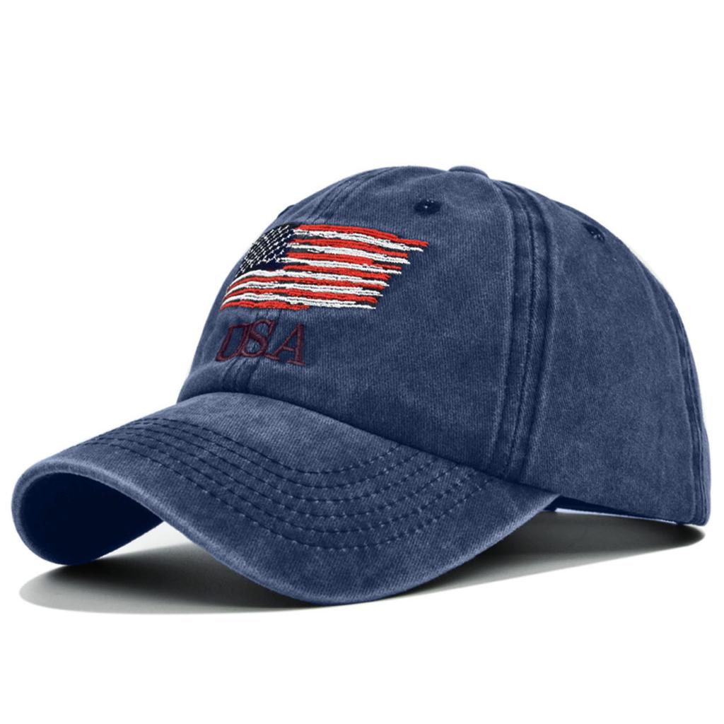 Adjustable Baseball with Embroidered Flag and USA Lettering Cotton Classic Curved Brim Hat for Men Women