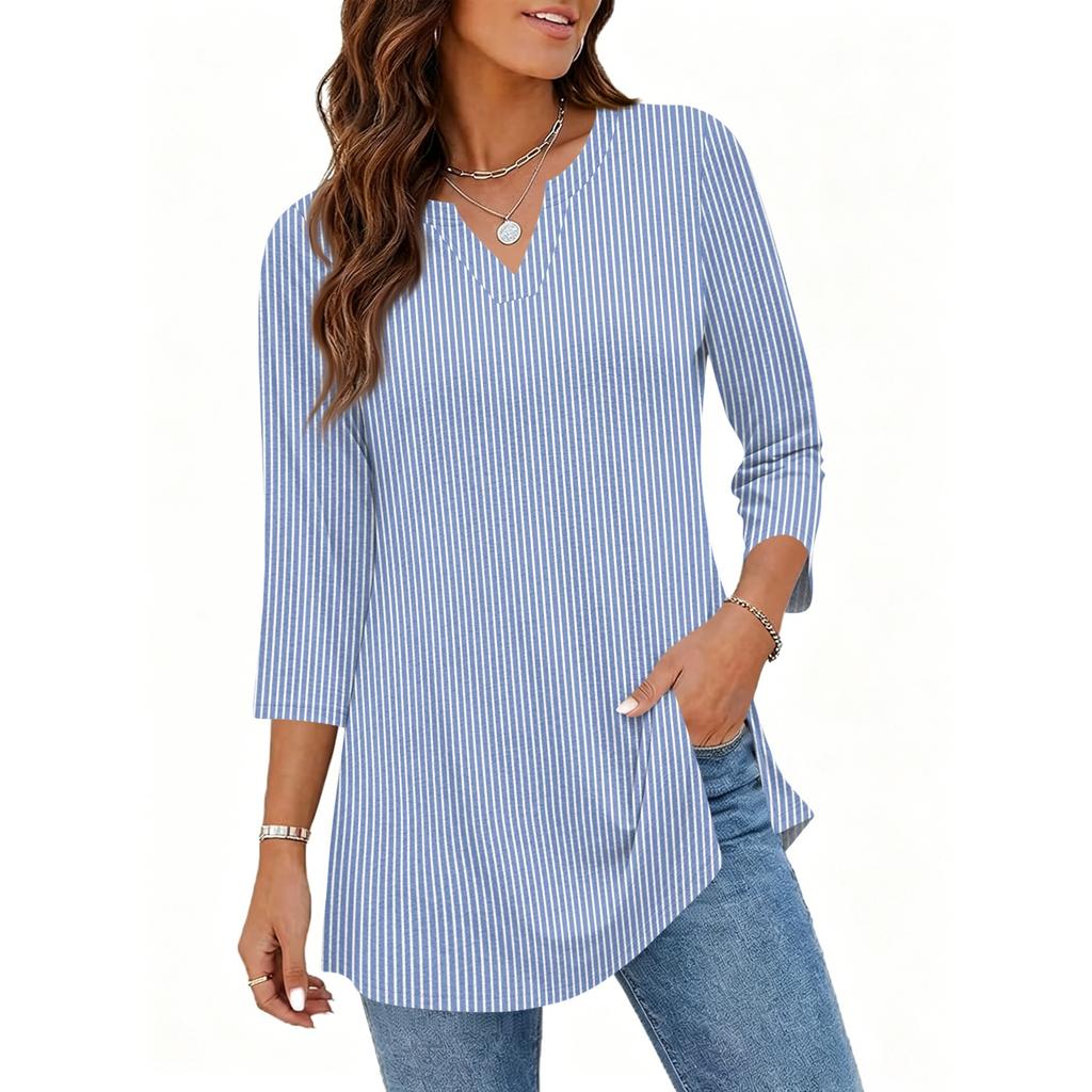 Damen V-Ausschnitt 3/4 Ärmel Pullover Tunika Oberteil mit Streifenmuster Lockerer Schnitt Lässige Mittellange Bluse für den täglichen Gebrauch