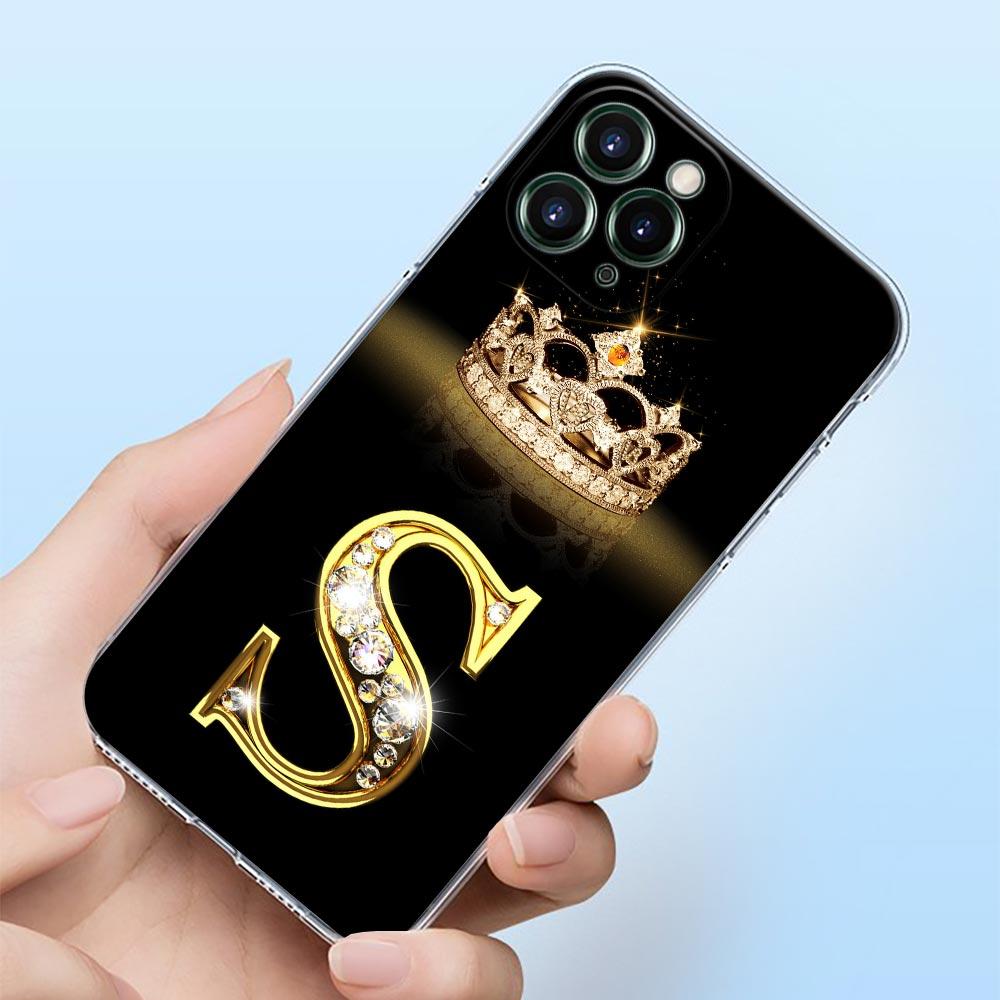 Diamond Crown First Initials Letter N T Z Shell Case for iPhone 15 16 11 12 13 14 Pro Max Mini 16 Plus Transparent Cover Fundas