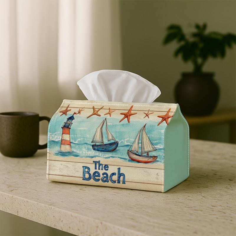 2D Flat, 2D Flat Beach Sailing Design Tissue Box - Sailboat Starfish, Durable, Kitchen, Living Room, Bedroom, Bathroom, Car - Holiday Decoration, Bath