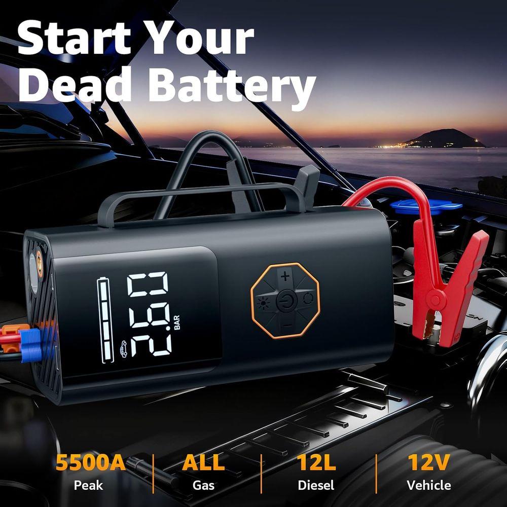 12V 5500A Multi-Function Jump Starter with Air Compressor, Tire Inflator, LED Light, and LCD Display