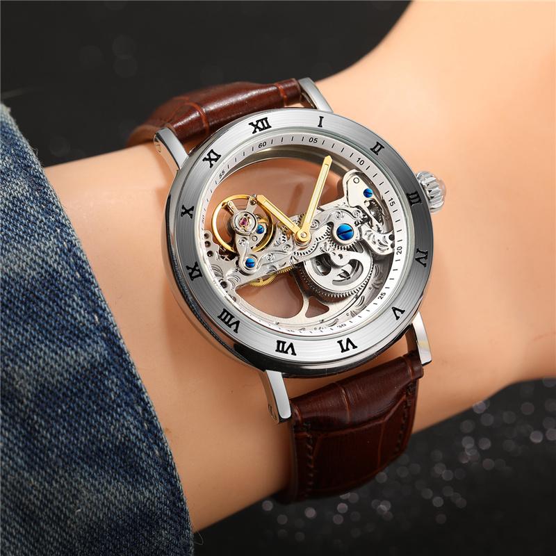 Forsining New Fashion Transparent Skeleton Mechanical Watch Men Leather Waterproof Luminous Hands Steampunk Automatic Watches