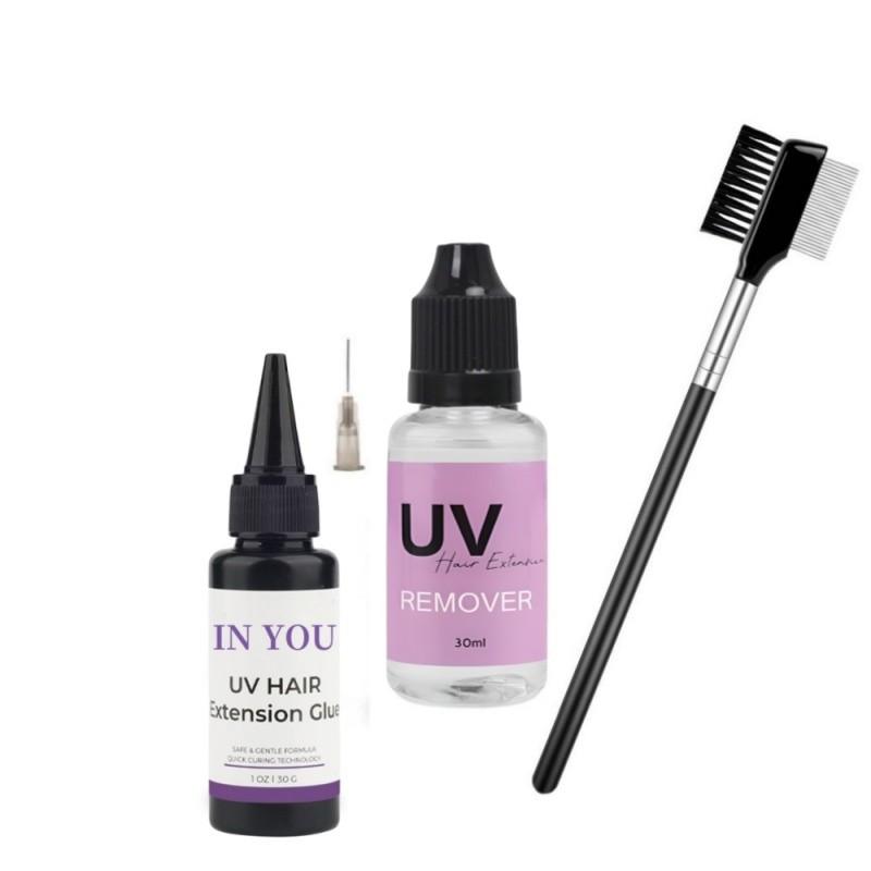 30g UV Hair Extension Kit (1.06oz) + 30ml Remover & Comb,Fast-Curing Invisible Waterproof Glue,Salon Essentials for Home Use