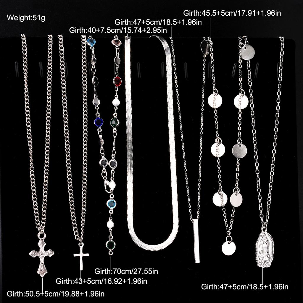 7Pcs Multilayer Cross Necklace Set For Women Colorful Rhinestone Cross Pendant Layered Chain Necklaces Religious Jewelry New