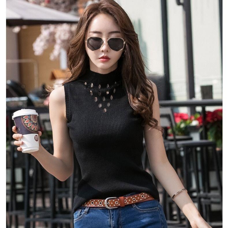 

Camisole Tank Top Women s Outerwear Base Layer T Shirt Knitted Turtleneck Sleeveless Fashion Spring Summer Top S чорний