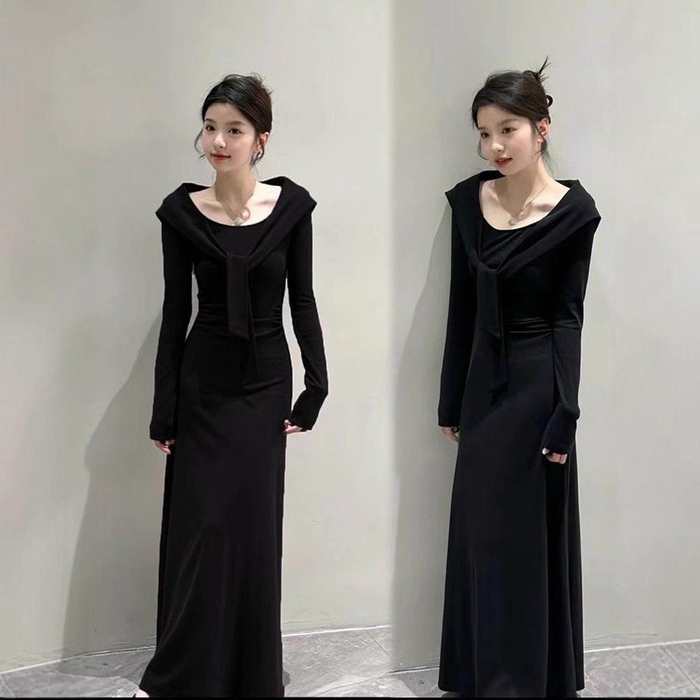 Korean wear lace-up shawl long-sleeved dress women's clothing autumn is very beautiful, waist and thin hip skirt long dress