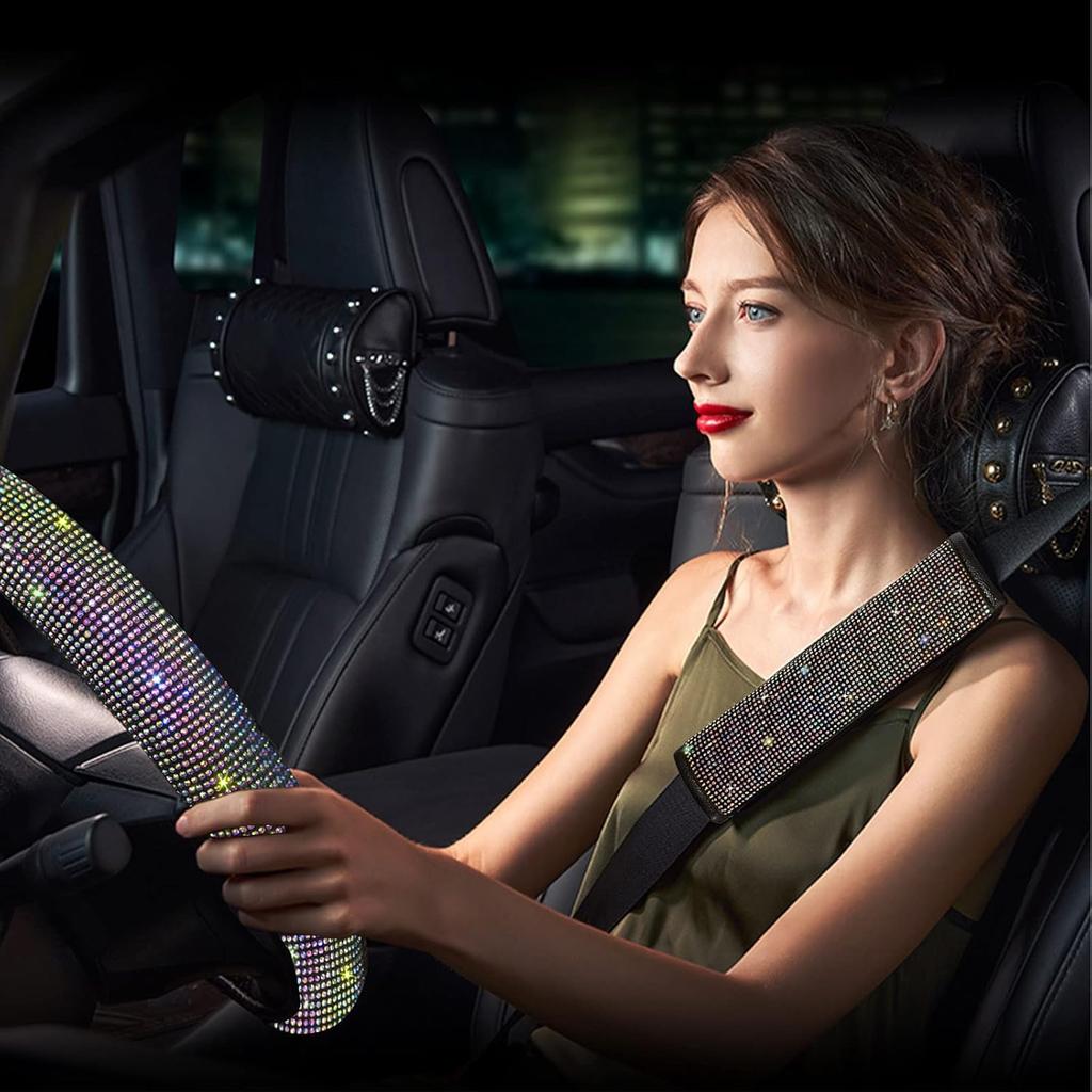 11 Pcs Bling Car Accessories Set,Bling Car Accessories Set For Women,Steering Wheel Cover For Women Universal Fit 15 Inch,Rhinestone Center Console