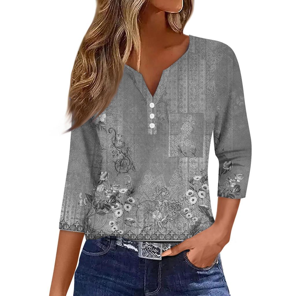Women's Casual Fashion V-neck Loose Versatile Floral Print Three-quarter Sleeves