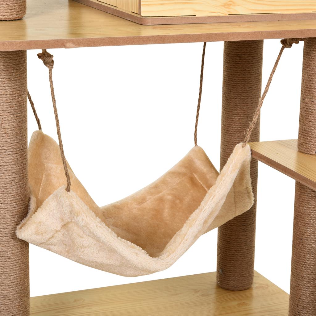 Cat Scratching Post with House, 2 Beds, Hammock and Ball, Made of Wood, Polyester and Sisal, 60x40x130 cm
