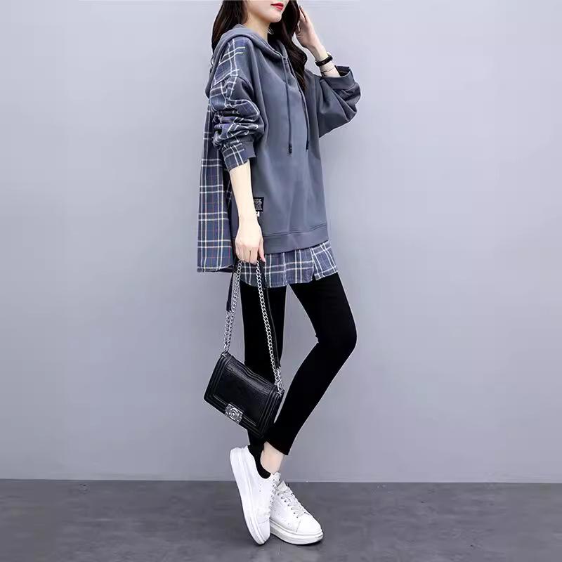 Cotton Hooded Sweatshirt for Women - Fake Two-Piece, Korean Style, Loose Fit, New 2022 Spring & Autumn Trend