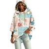 Women's Three-Quarter Sleeve Hooded Pullover Top with Patchwork Print for Casual Wear