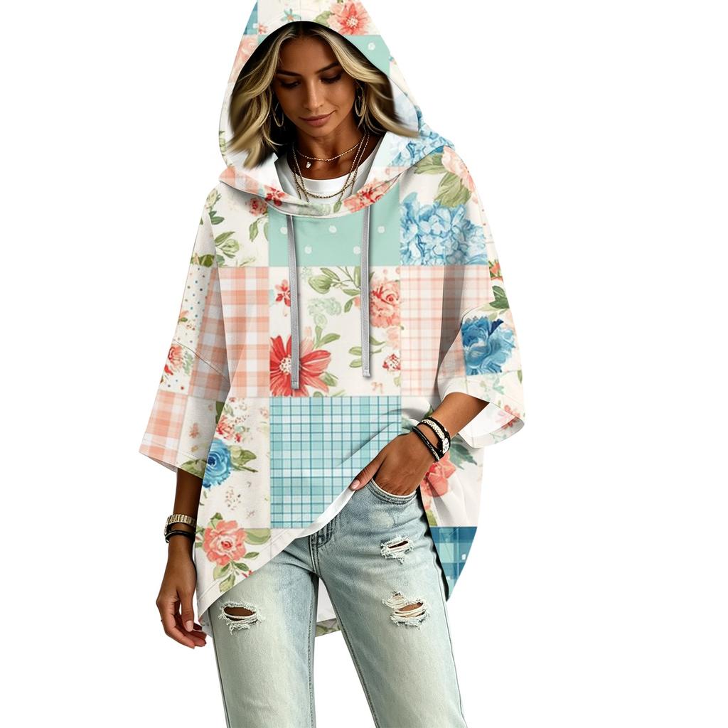 Women's Three-Quarter Sleeve Hooded Pullover Top with Patchwork Print for Casual Wear
