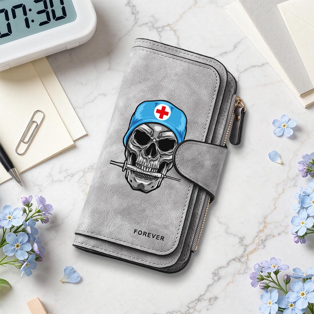 Gothic Skull Nurse Pattern Long Wallet Forever Printed Credit Card Holder Multi Slot Portable Purse