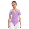 Girls Figure Skating Leotard Short Sleeve Cutout Back Sheer Mesh Patchwork Shiny Rhinestones Bodysuit