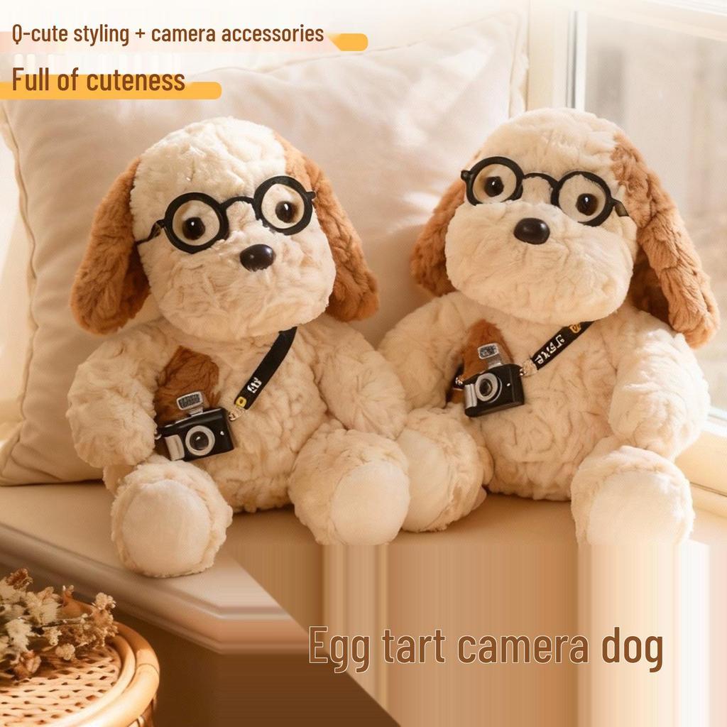Adorable Egg Tart Camera Plush Dog Doll with Cute Glasses - Healing Companion Toy