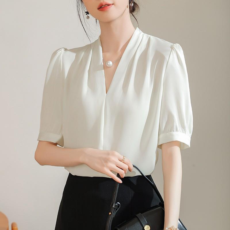 Elegant V-Neck Satin Blouse Women Lightweight Acetate Chiffon Shirt Slim Fit Office Wear 2026