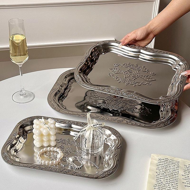 1Pcs Stainless Steel Rectangular Tray With Embossed Design For Kitchen Living Room Storage Durable Fruit Snack Cake Serving Dish