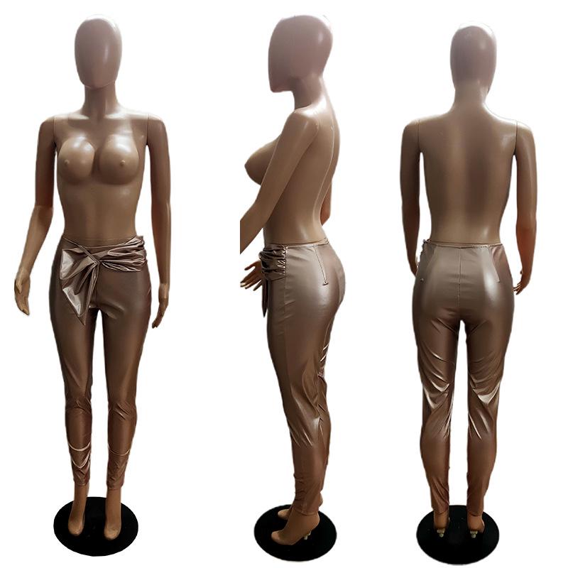 High Elastic PU Leather Leggings with Belt for Women